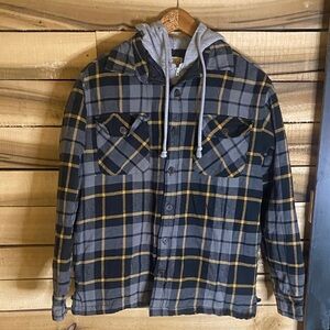 Red Head Men's medium Plaid hooded Shirt Jacket quilted lining Gray, Black, Gold